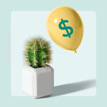 A balloon with a dollar sign on it hovers dangerously close to a cactus.