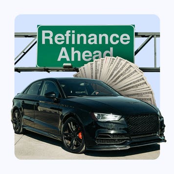 Black sedan with a fanned out stack of cash behind it under a street sign that reads Refinance Ahead.