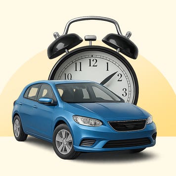 A blue sedan in front of a large alarm clock. Image is on a yellow background.