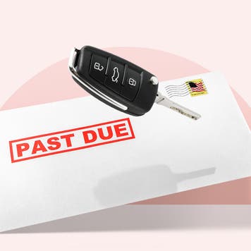 Car key floating above a past due auto bill in an envelope against a pink background