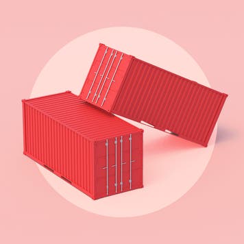 Two red shipping containers are stacked together on a pink background.
