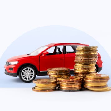 design image of a red car in the background and stacked coins in the front plane
