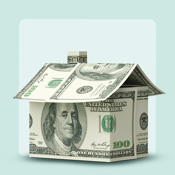 Home made of $100 bills against a green backdrop