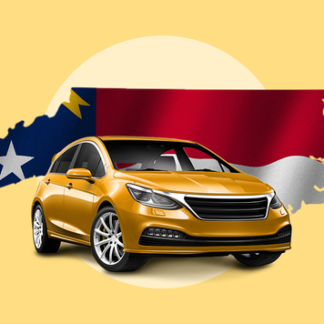 yellow sedan in front of image of North Carolina state outline with NC flag overlay