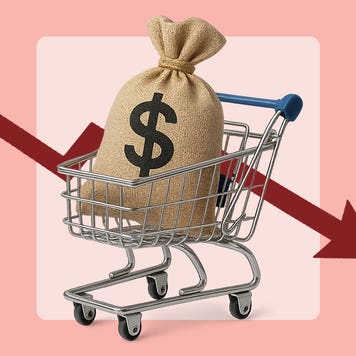 Image of a large money bag in a shopping cart in front of a red downward pointing arrow.