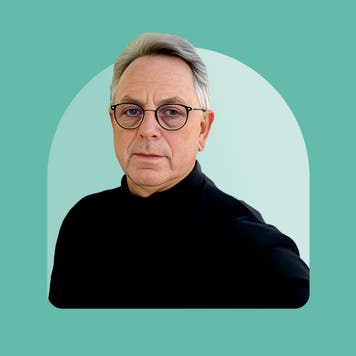 A portrait photo of Bruce Gehrke on an illustrated green illustrated background.