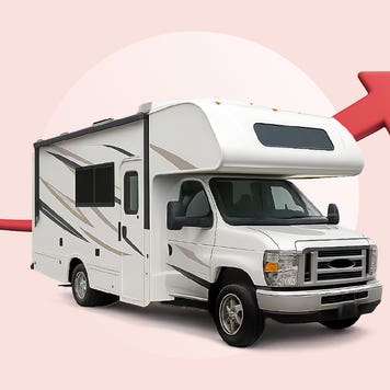 An RV in front of an illustrated arrow