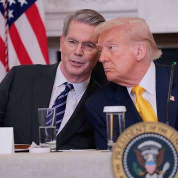 U.S. Secretary of Treasury Scott Bessent and U.S. President Donald Trump look on during The White House Digital Assets Summit in the State Dining Room of the White House on March 07, 2025 in Washington, DC. Trump held the summit to hear from crypto leaders on how his administration has invested in digital assets.