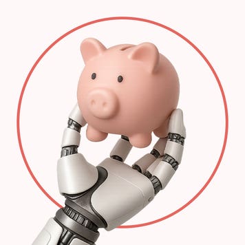 A pink piggy bank being held by a robotic/animatronic hand.