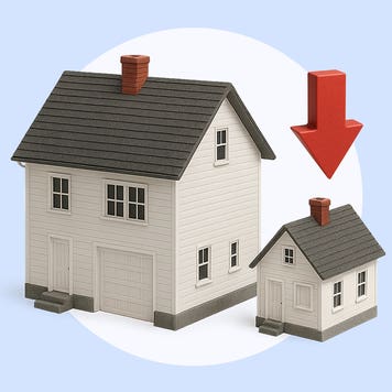 design image of a big house and smaller house with a downward arrow above it