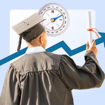 Image showing, in the foreground, the back of a graduate in full cap and gown holding up a rolled diploma in their right hand. In the background, there is a large compass in the upper middle of the image above a blue jagged arrow going from the lower middle of the image to the upper right of the image.