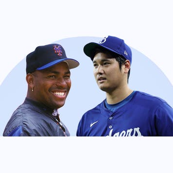 Photos of baseball stars Bobby Bonilla and Shohei Ohtani on a blue half circle background.
