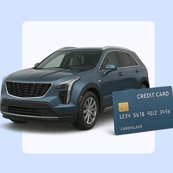 Design element including a car with a large credit card leaning next to it.