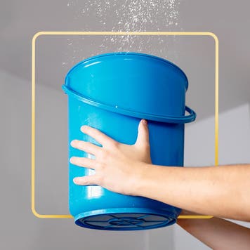 Someone offscreen holds a blue bucket up to a leaking ceiling. There is an illustrated yellow square in the background.
