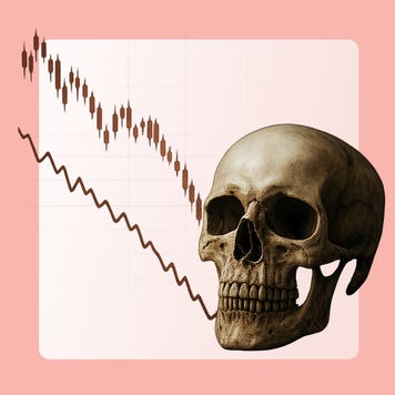 Image of a human skull at the end of a declining line graph on a light pink background.