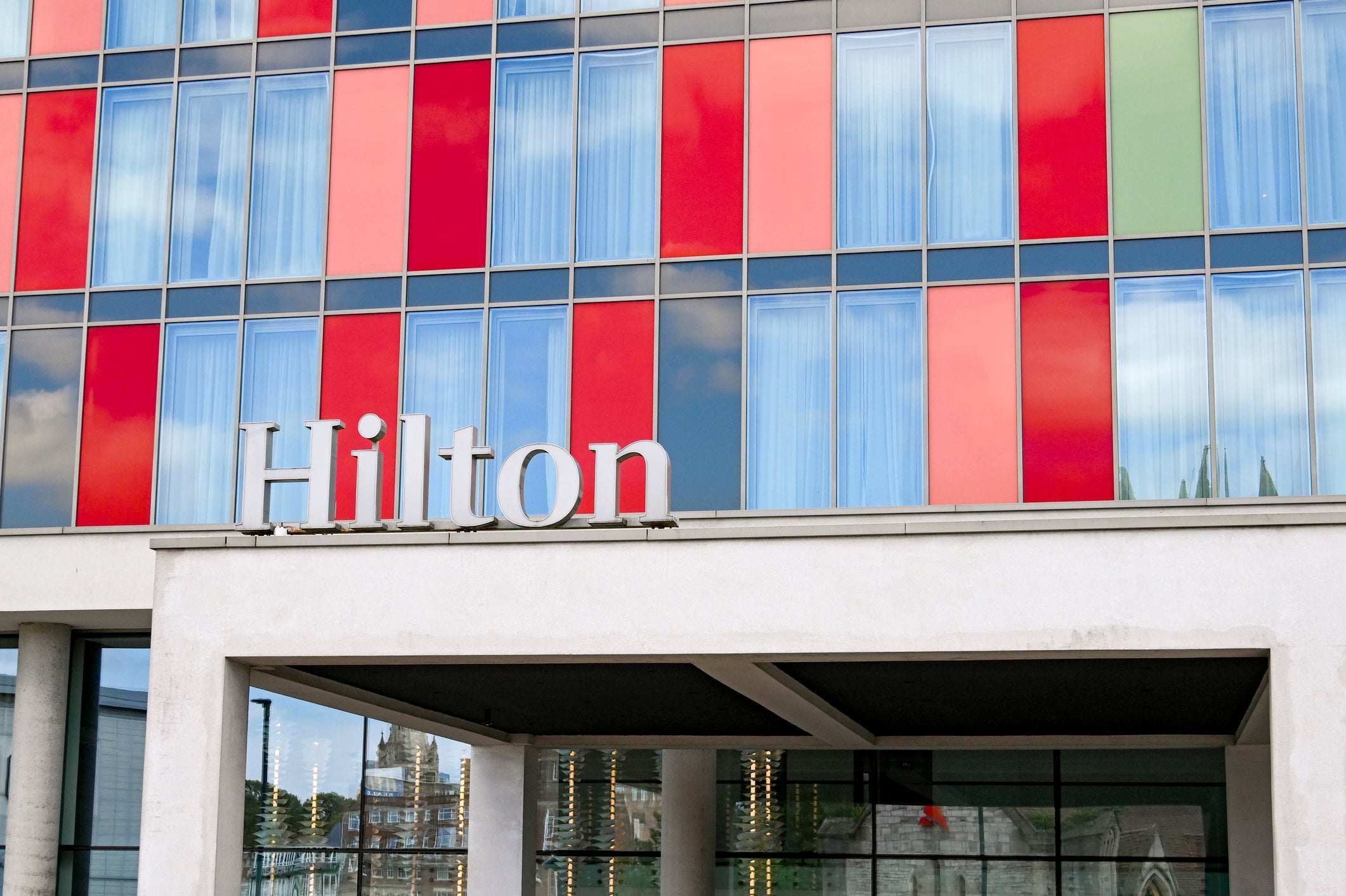 Bournemouth, England – June 2021: Exterior view of the entrance to the Hilton Hotel in the town cenre