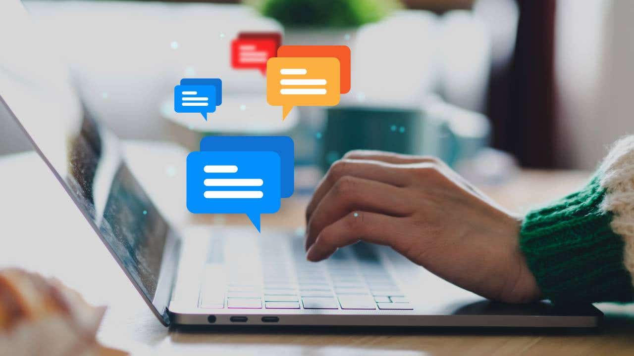 Close up shot of a woman typing on a laptop while comment bubbles float up from the keyboard.