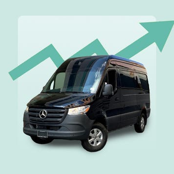 A black Sprinter van is seen against a green arrow that trends upward