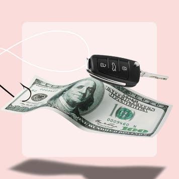 A hundred dollar bill and a set of car keys being hooked by a fishing line