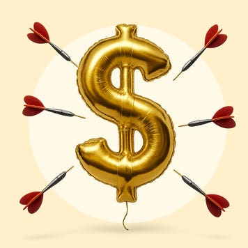 Design element displaying a balloon shaped as a dollar symbol with darts being directed at it.