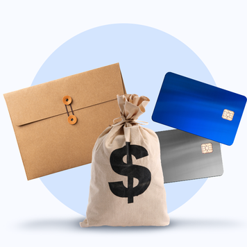 A giant money bag, two credit cards, and a file folder