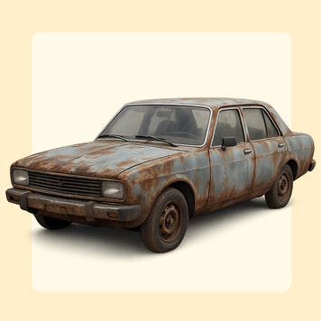 An old, rusted sedan on a light yellow background.