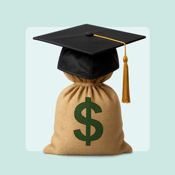 A sack of money with a graduation cap sitting on top.