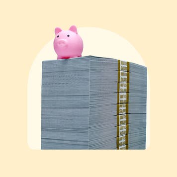 A piggy bank atop a stack of cash