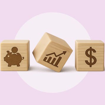 Three light blonde colored wooden blocks in a row with the following painted images: a piggy bank with a coin goin into it's slot, a bar graph and line rising from left to right, and a dollar sign.