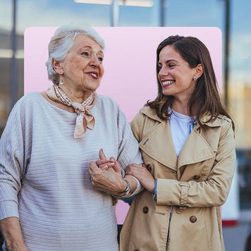 design image featuring an older women walking hand in hand with another woman