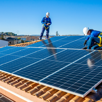 Male and female workers installing solar panels on a roof.
