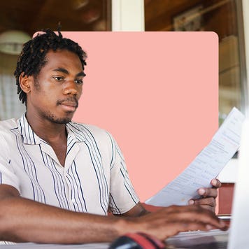 a design image of a young man on his laptop and holding a piece of paper