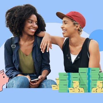 Two Black women smiling at each other. One has her arm draped on the other woman's shoulder. The image is illustrated with a few piles of money and a pink piggy bank.