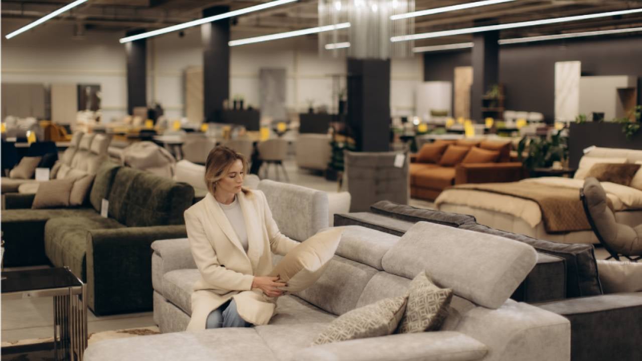 Woman Shopping for Sofas in Modern Furniture Store Interior