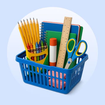 design element displaying school supplies in a basket
