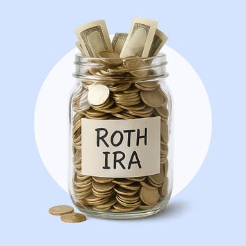 Jar labeled "ROTH IRA" filled with money.