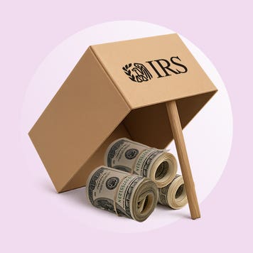Illustration showing rolls of dollar bills under an IRS trap.