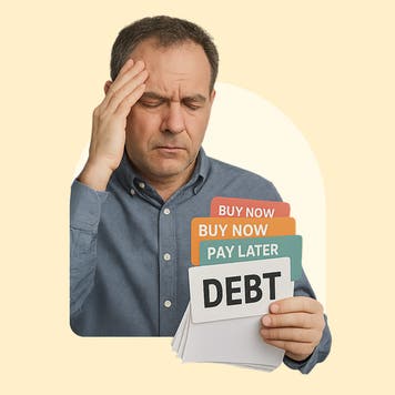 A man frowns, overwhelmed by debt.