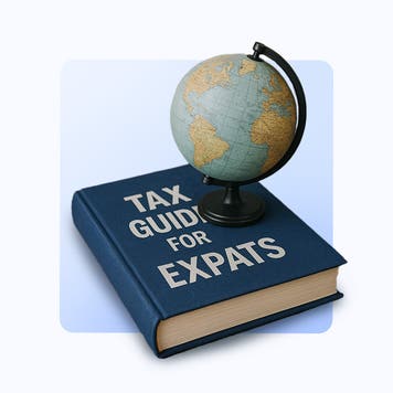 Illustration that includes a globe and a book titled tax guide for expats.