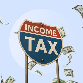 Illustration that shows a state highway sign with the words "income tax" and dollars floating in the sky around it.