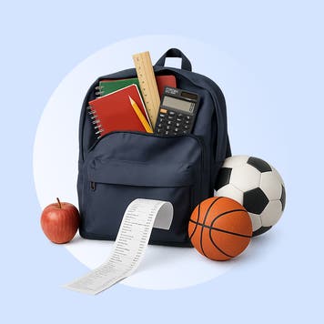 A backpack overflows with school supplies, sports gear and a long receipt