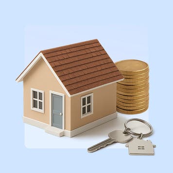 Picture of a house and keys next to a stack of coins.
