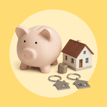 A piggy bank, a model of a house, a stack of coins and two keyrings.