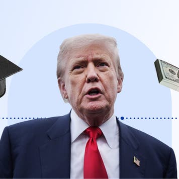 design image of trump and a graduation cap and a money next to him