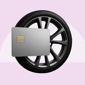 Design element of a tire, with a credit card in front of it.