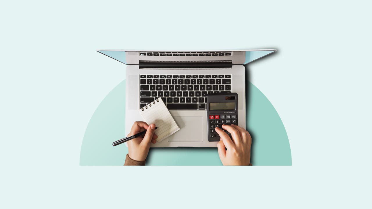 Illustration of a laptop computer, showing the hand of a person taking notes and using a calculator.