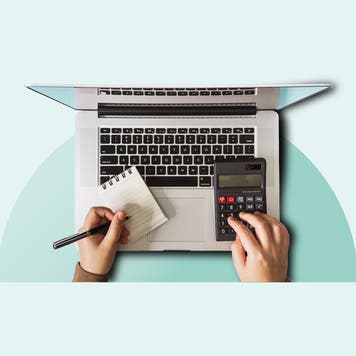 Illustration of a laptop computer, showing the hand of a person taking notes and using a calculator.