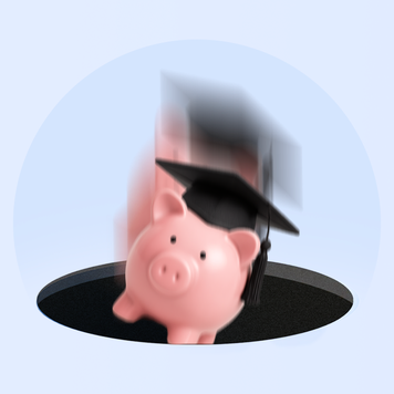 A piggybank with a graduation cap falling through a hole on a blue background.