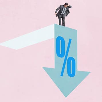 Artistic sketch of a businessman on a suspended platform looking down as the platform morphs into a downward arrow with a '%' symbol on its side.