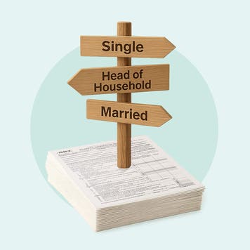 Illustration showing a sign with different arrows pointing to single, head of household and married, sitting on top of a stack of tax forms.
